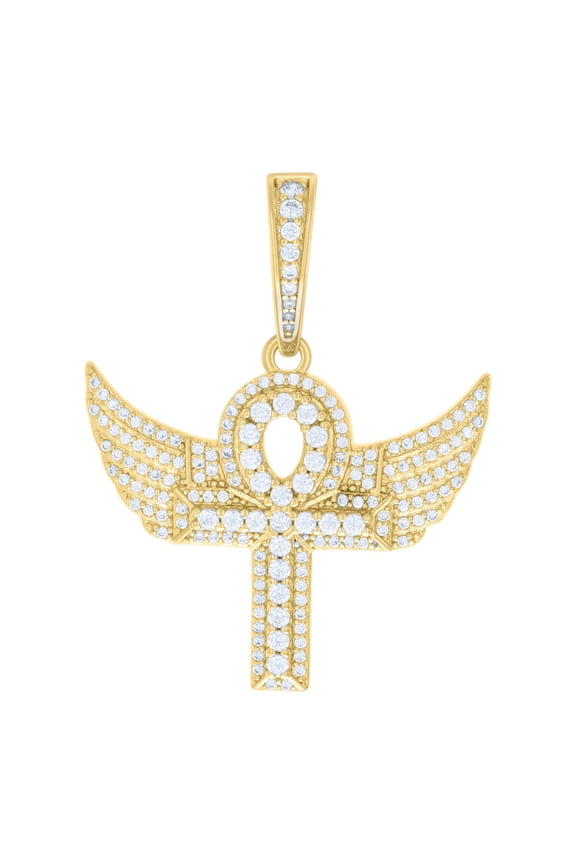 925 Yellow Gold Plated Round Cut Moissanite Men's Flying Ankh Cross Pendant Winged Charm | 1.09 Ct.