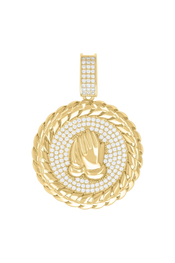 925 Yellow Gold Plated Round Cut Moissanite Men's Franco Chain Border Medallion Praying Hands Pendant Religious Charm | 1.57 Ct.