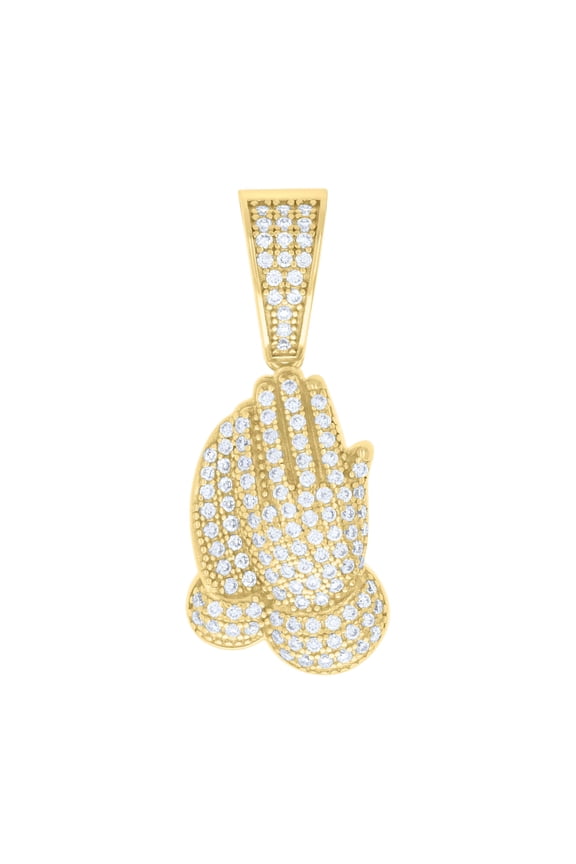 925 Yellow Gold Plated Round Cut Moissanite Men's Iced Out Praying Hands Pendant Religious Charm | 0.81 Ct.