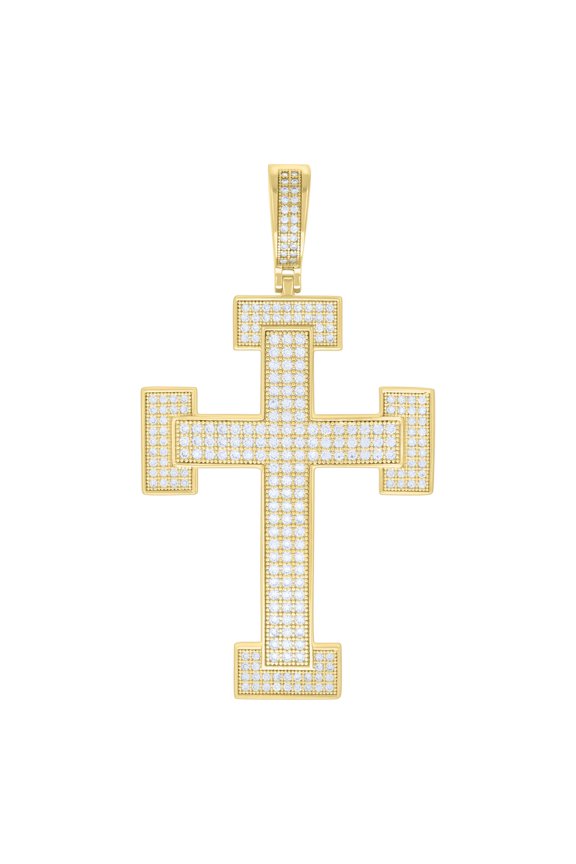 925 Yellow Gold Plated Round Cut Moissanite Men's Latin Cross Domed Charm | 2" | 2.27 Ct.