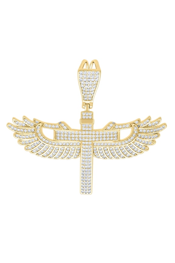 925 Yellow Gold Plated Round Cut Moissanite Men's Latin Flying Cross w/ Wings Pendant Dome Charm | 1.74 Ct.