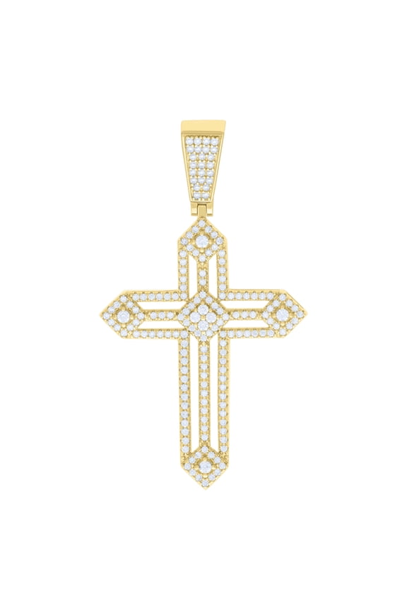 925 Yellow Gold Plated Round Cut Moissanite Men's Pointed Cross Pendant Religious Charm | 1.51 Ct.