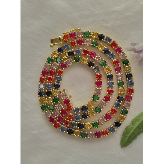 925 silver Lab multi Sapphire Tennis Necklace,Lab Sapphire Gemstones Necklace Birthstone Necklace,Mom Birthday Gift,Gift For Her