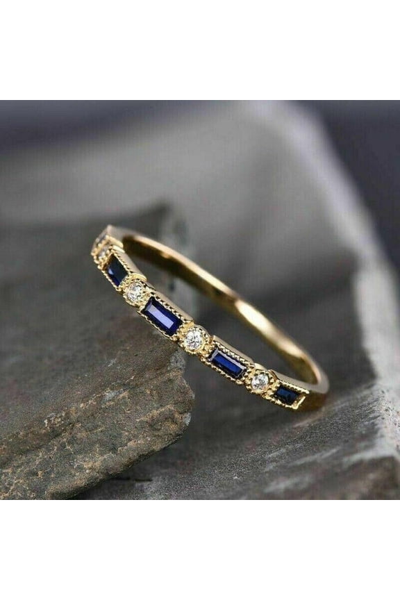 925 silver sapphire Baguette and Round Half Eternity Dainty Minimalist Stackable Band Stacking Ring,vintage delicate anniversary Ring women
