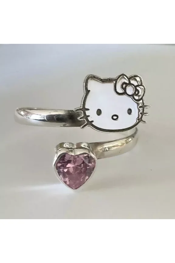 925 sterling Silver Heart Shape Lab-Created Diamond Hello Kitty Ring Cute Jewelry