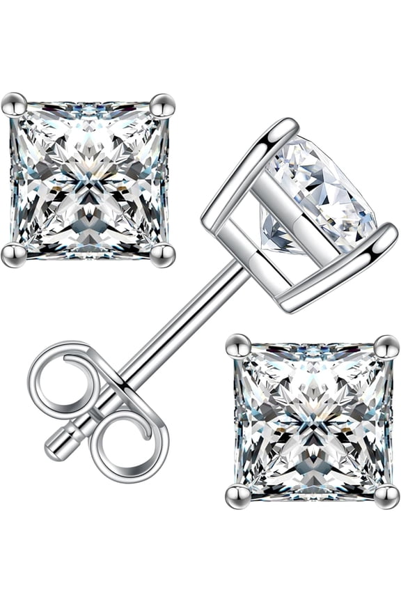 925 sterling silver 2ct Princess Cut Moissanite Earrings for Women, D Color VVS1 Clarity Lab Created Moissanite Earrings 18K gold-plated Ruthenium Plated Solitaire Moissanite Stud Earrings
