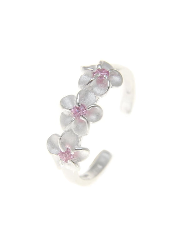 925 sterling silver Hawaiian 3 triple plumeria flower pink cz open toe ring