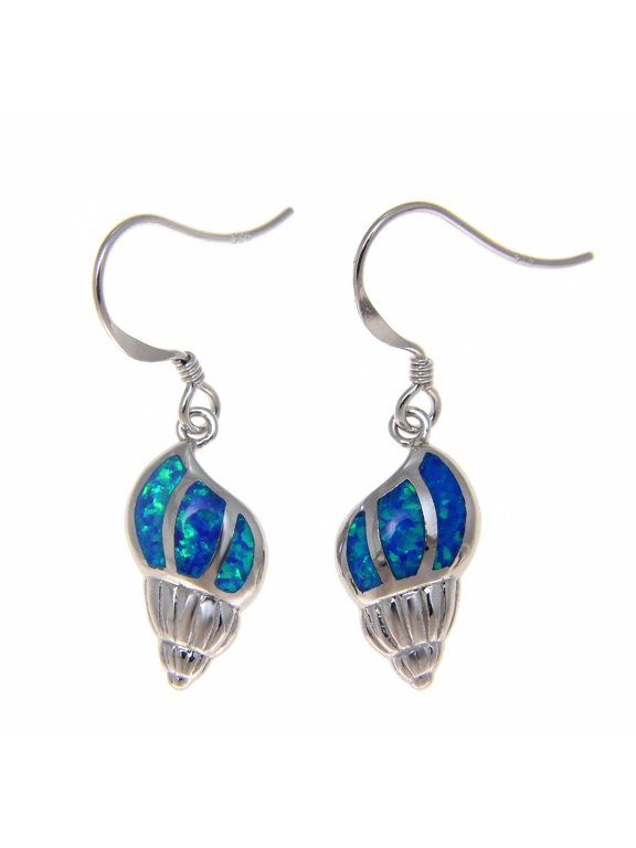 925 sterling silver Hawaiian conch shell blue synthetic opal hook wire earrings