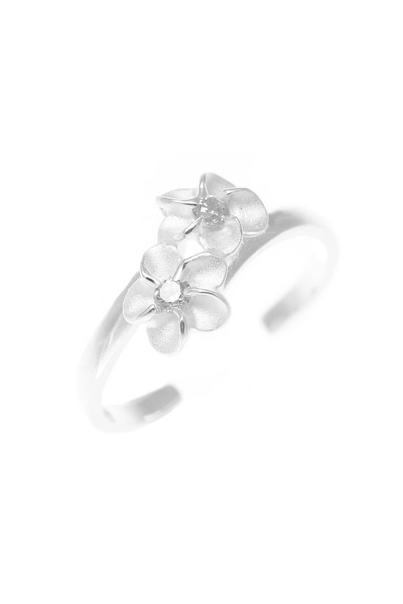 925 sterling silver Hawaiian double plumeria flower white cz open toe ring