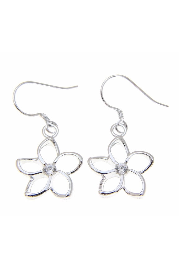 925 sterling silver Hawaiian floating outline cz plumeria flower hook wire earrings 15mm
