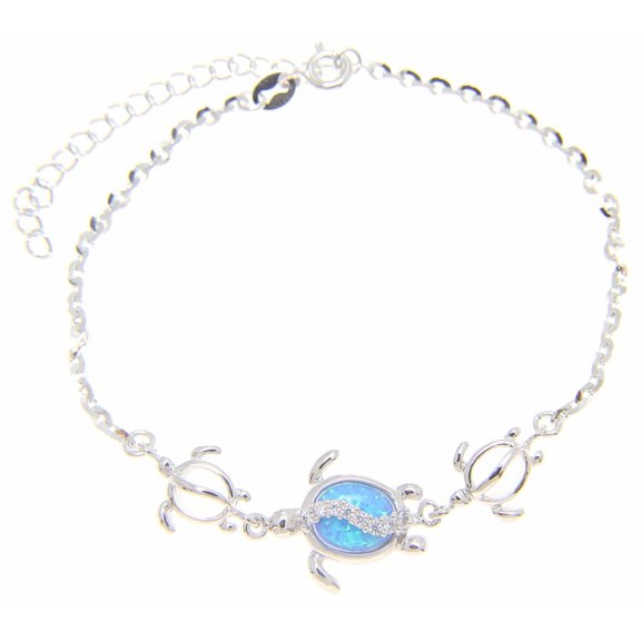 925 sterling silver Hawaiian honu sea turtle cz blue synthetic opal link chain anklet 9"+