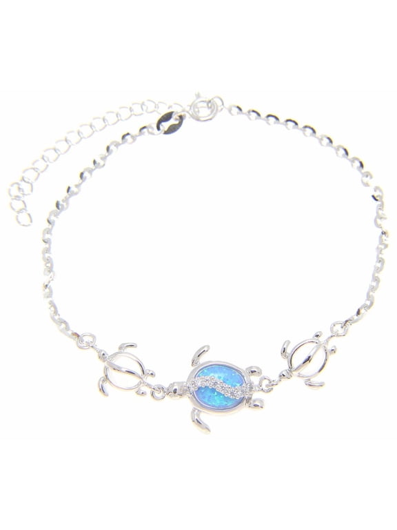 925 sterling silver Hawaiian honu sea turtle cz blue synthetic opal link chain anklet 9"+
