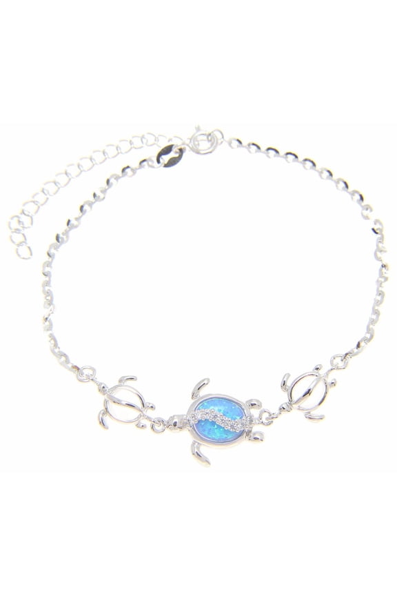 925 sterling silver Hawaiian honu sea turtle cz blue synthetic opal link chain anklet 9"+