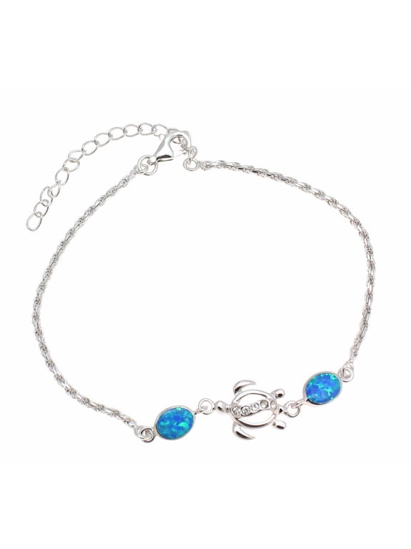 925 sterling silver Hawaiian honu sea turtle cz blue synthetic opal rope chain anklet 9"+2"