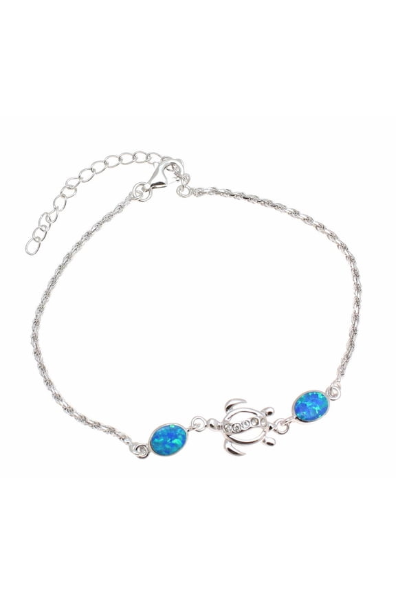 925 sterling silver Hawaiian honu sea turtle cz blue synthetic opal rope chain anklet 9"+2"