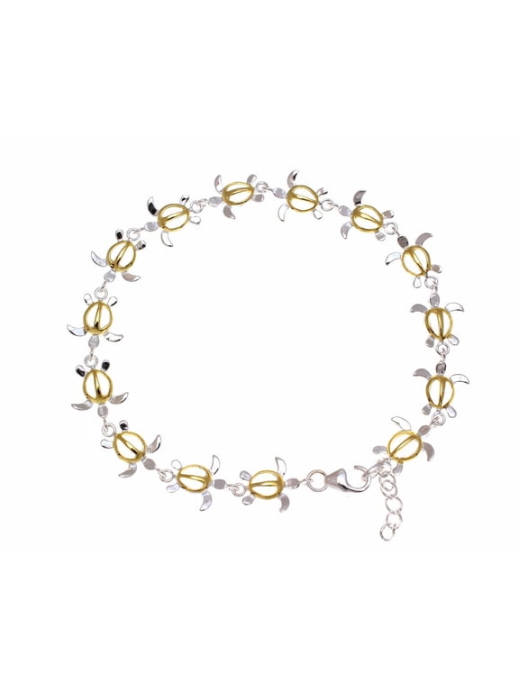 925 sterling silver Hawaiian honu turtle anklet yellow gold plated 2 tone size 9.5"+