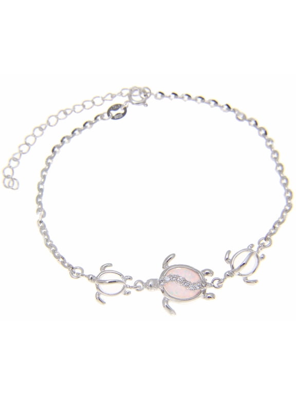 925 sterling silver Hawaiian honu turtle cz white synthetic opal link chain anklet 9"+