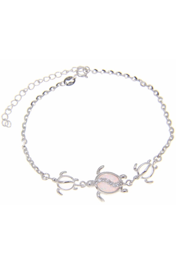925 sterling silver Hawaiian honu turtle cz white synthetic opal link chain anklet 9"+