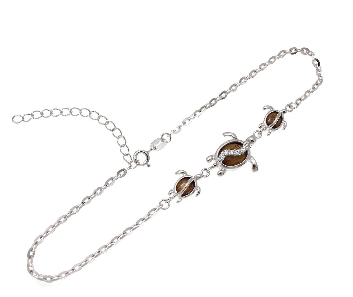 925 sterling silver Hawaiian koa wood cz honu turtle anklet 9" plus extension