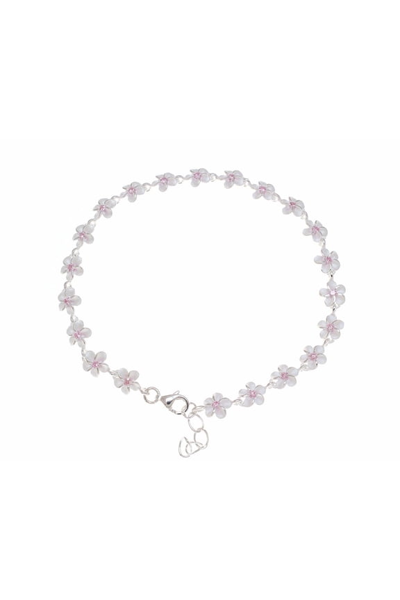 925 sterling silver Hawaiian plumeria flower bracelet pink cz 8mm 7"