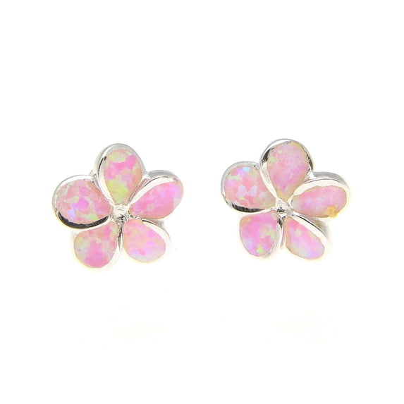 925 sterling silver Hawaiian plumeria flower pink synthetic opal post stud earrings 10mm