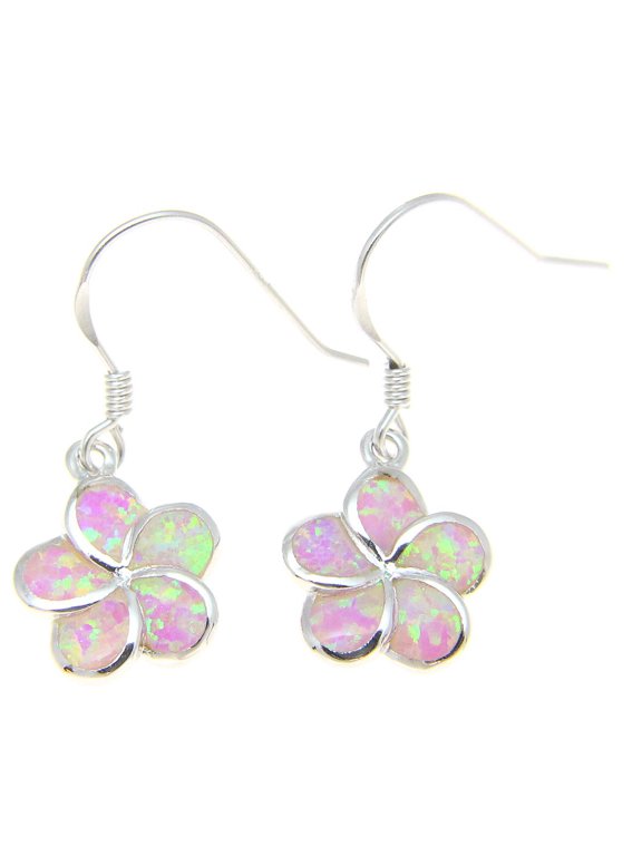 925 sterling silver Hawaiian plumeria flower pink synthetic opal wire hook earrings 12mm