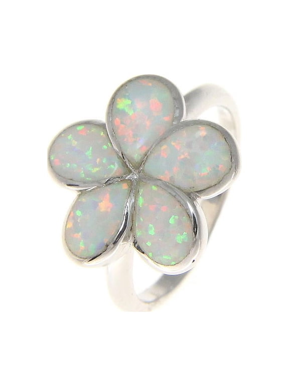 925 sterling silver Hawaiian plumeria flower white synthetic opal ring size 6