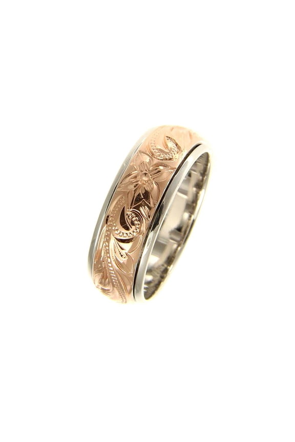 925 sterling silver Hawaiian plumeria scroll pink rose gold plated 2 tone spin ring size 3.5