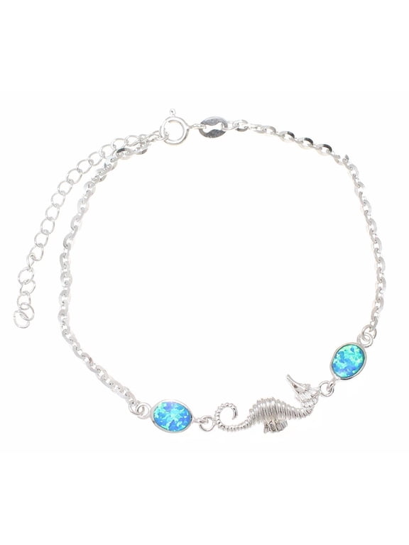 925 sterling silver Hawaiian seahorse blue synthetic opal link chain anklet 9"+