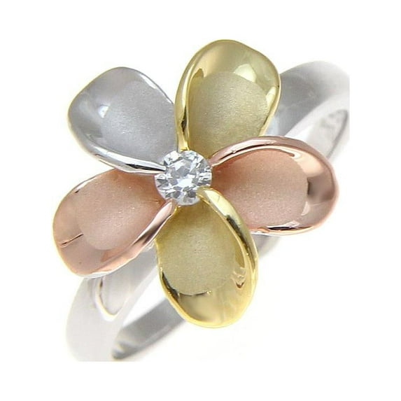 925 sterling silver Hawaiian yellow pink rose gold rhodium tricolor plated 15mm single plumeria flower cz ring size 4.5