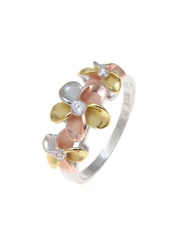 925 sterling silver Hawaiian yellow pink rose gold rhodium tricolor plated 3 plumeria flower cz ring size 9.5
