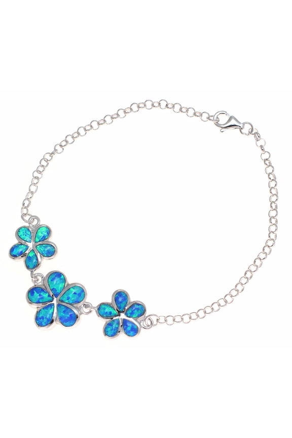 925 sterling silver blue synthetic opal Hawaiian 3 plumeria flower link chain bracelet 7.5"