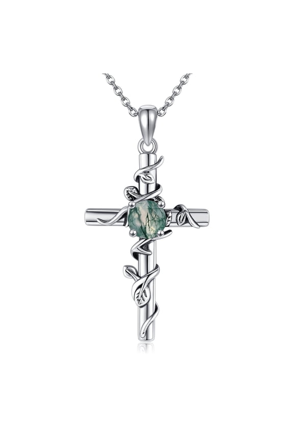 925 sterling silver cross leaf natural aquatic plant agate necklace as a jewelry gift for Women