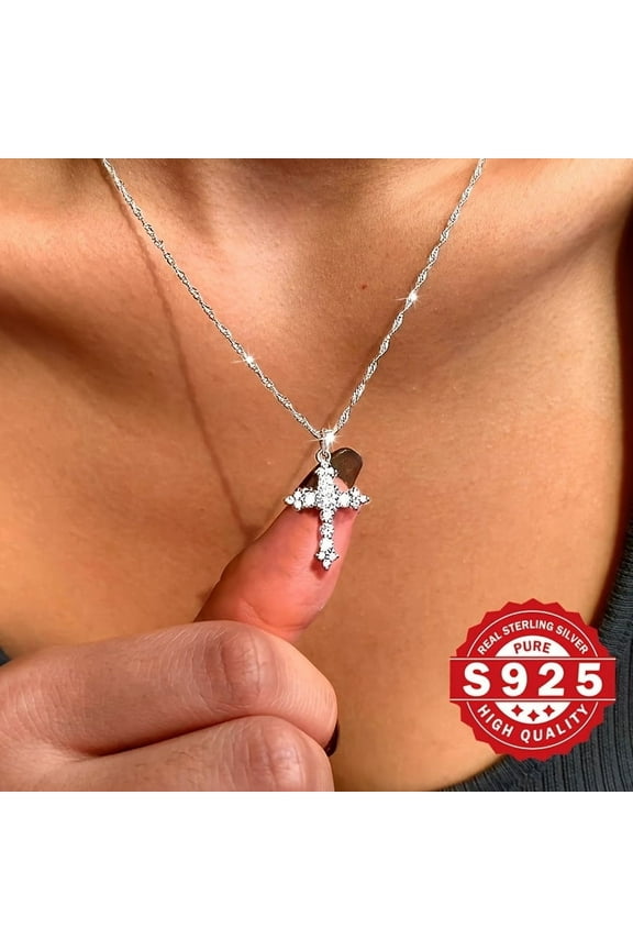 925 sterling silver crossing necklace, with diamonds, low -sensitivity chain design, suitable for daily wear and special occasions, ideal Mother's Day gifts to women,Silver