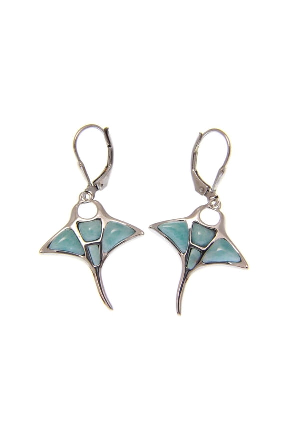925 sterling silver heavy genuine natural larimar Hawaiian manta ray leverback earrings
