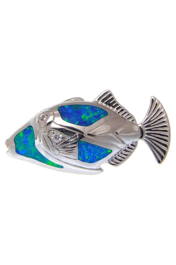925 sterling silver inlay synthetic blue opal Hawaiian humuhumunukunukuapua fish slide pendant