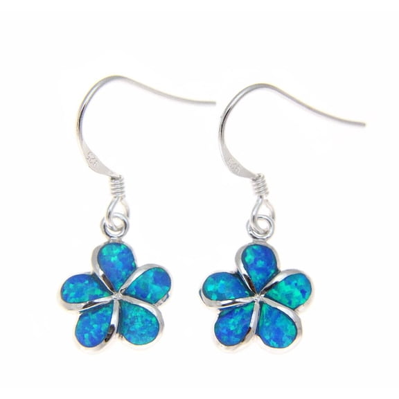925 sterling silver inlay synthetic opal 10mm Hawaiian plumeria flower earrings wire hook