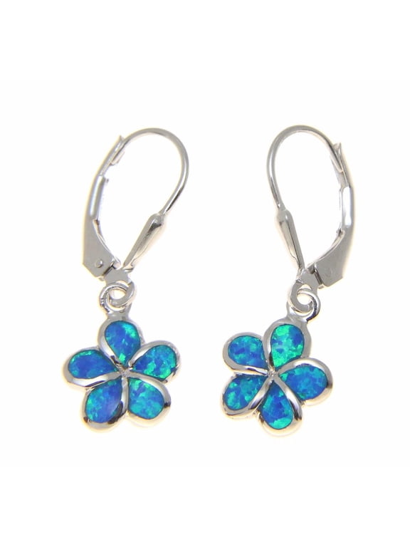 925 sterling silver inlay synthetic opal 10mm Hawaiian plumeria flower leverback earrings