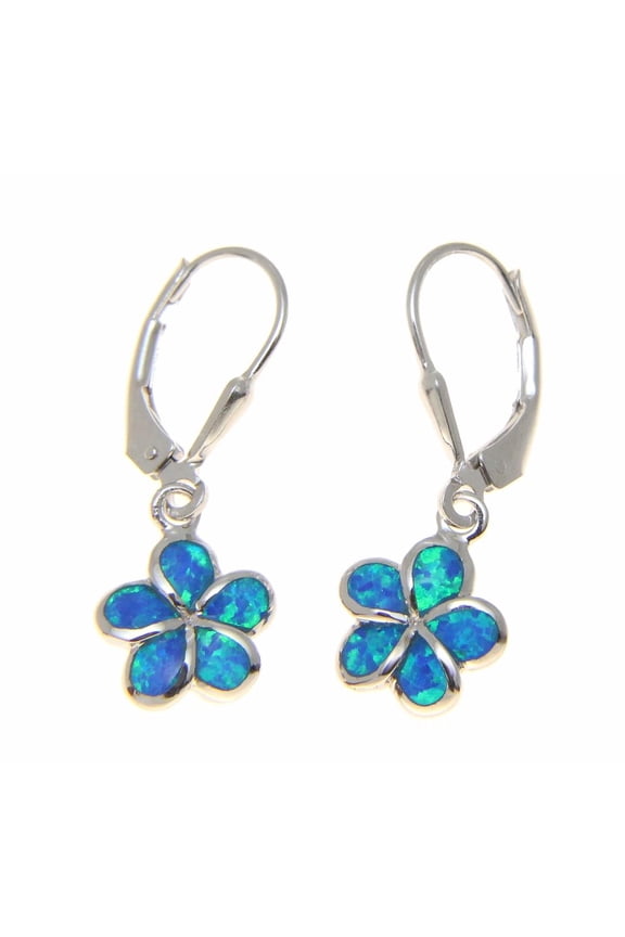 925 sterling silver inlay synthetic opal 10mm Hawaiian plumeria flower leverback earrings