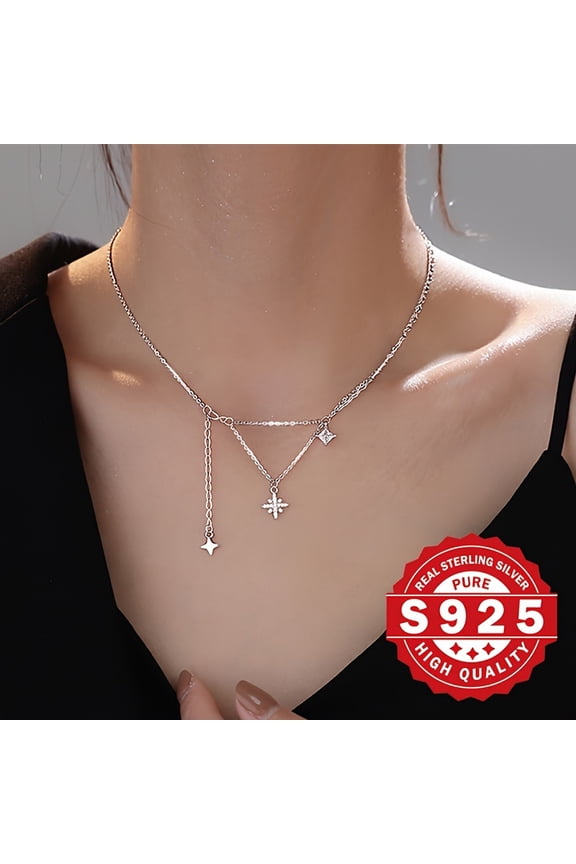 925 sterling silver layered pendant necklace, suitable for women, decorated with cubic oxidation, 18K gold plating, star and snowflake pendant, low allergy, very suitable for daily wear and Christmas