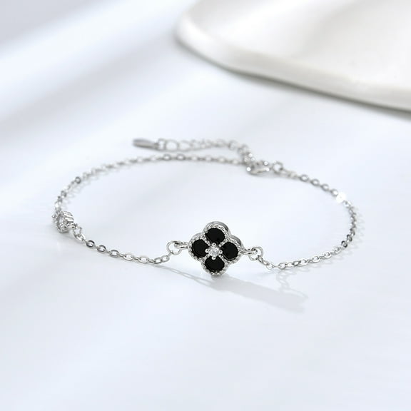 925 sterling silver natural white mother-of-pearl four-leaf clover bracelet for women, black agate exquisite hand jewelry for girlfriend