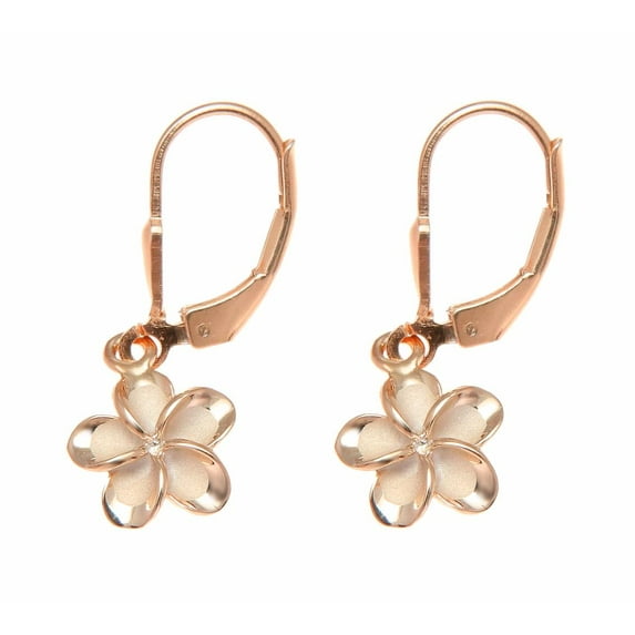 925 sterling silver pink gold plated Hawaiian plumeria flower no cz stone leverback earrings 10mm
