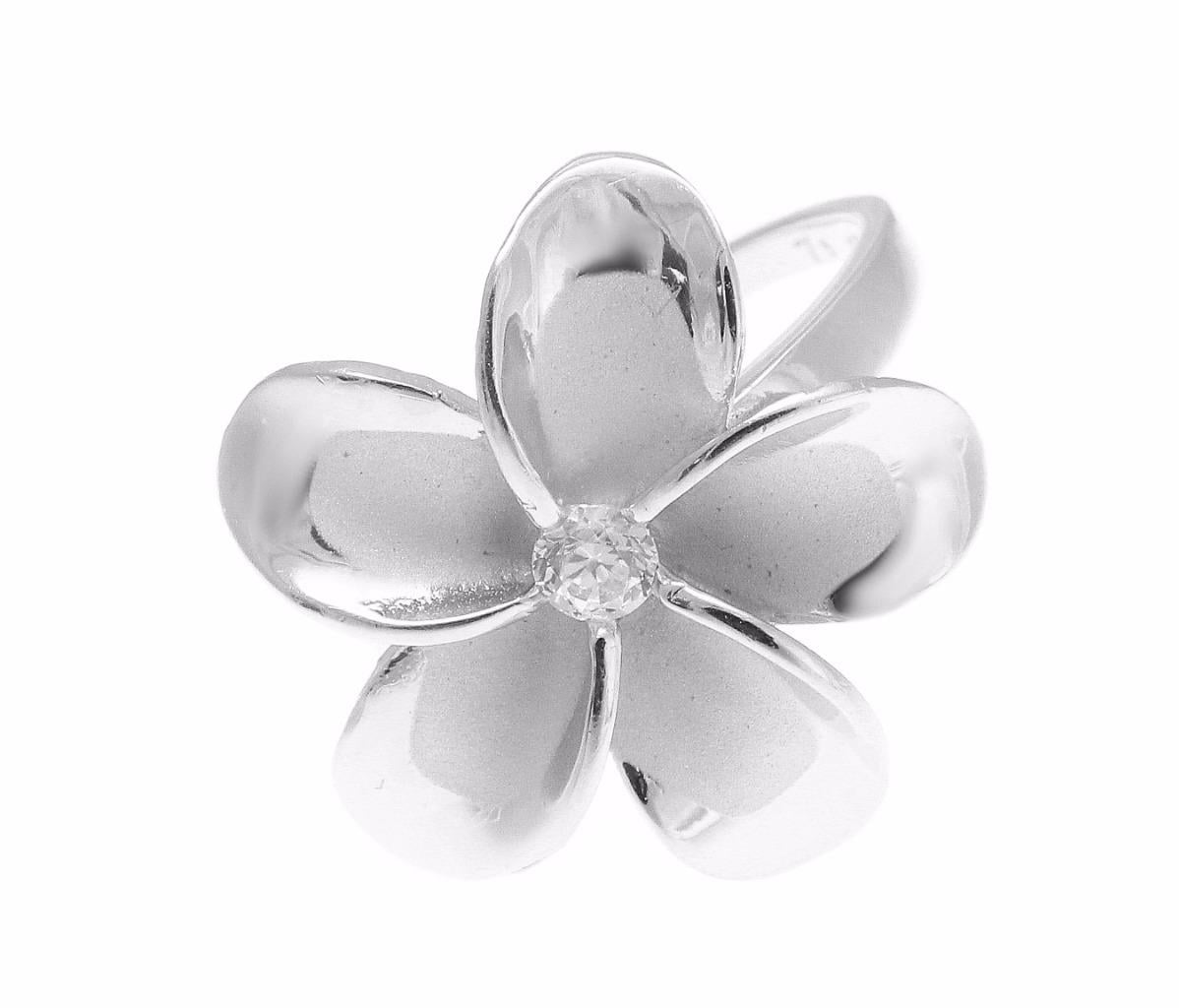 925 Sterling Silver Hawaiian Plumeria Flower Ring – Rhodium Plated, Curve Style, Cubic Zirconia, Sizes 3-10