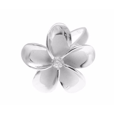 925 Sterling Silver Hawaiian Plumeria Flower Ring – Curved Band, Rhodium Finish, Cubic Zirconia – Sizes 3-10