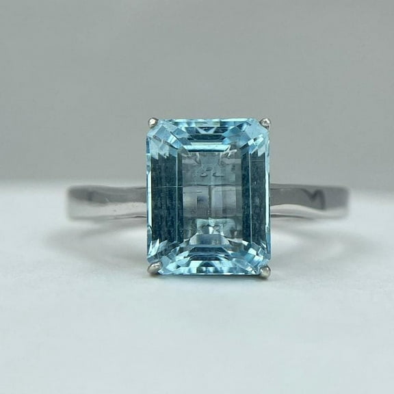 925 sterling silver ring Aquamarine Emerald cut gemstone engagement ring, gift for her