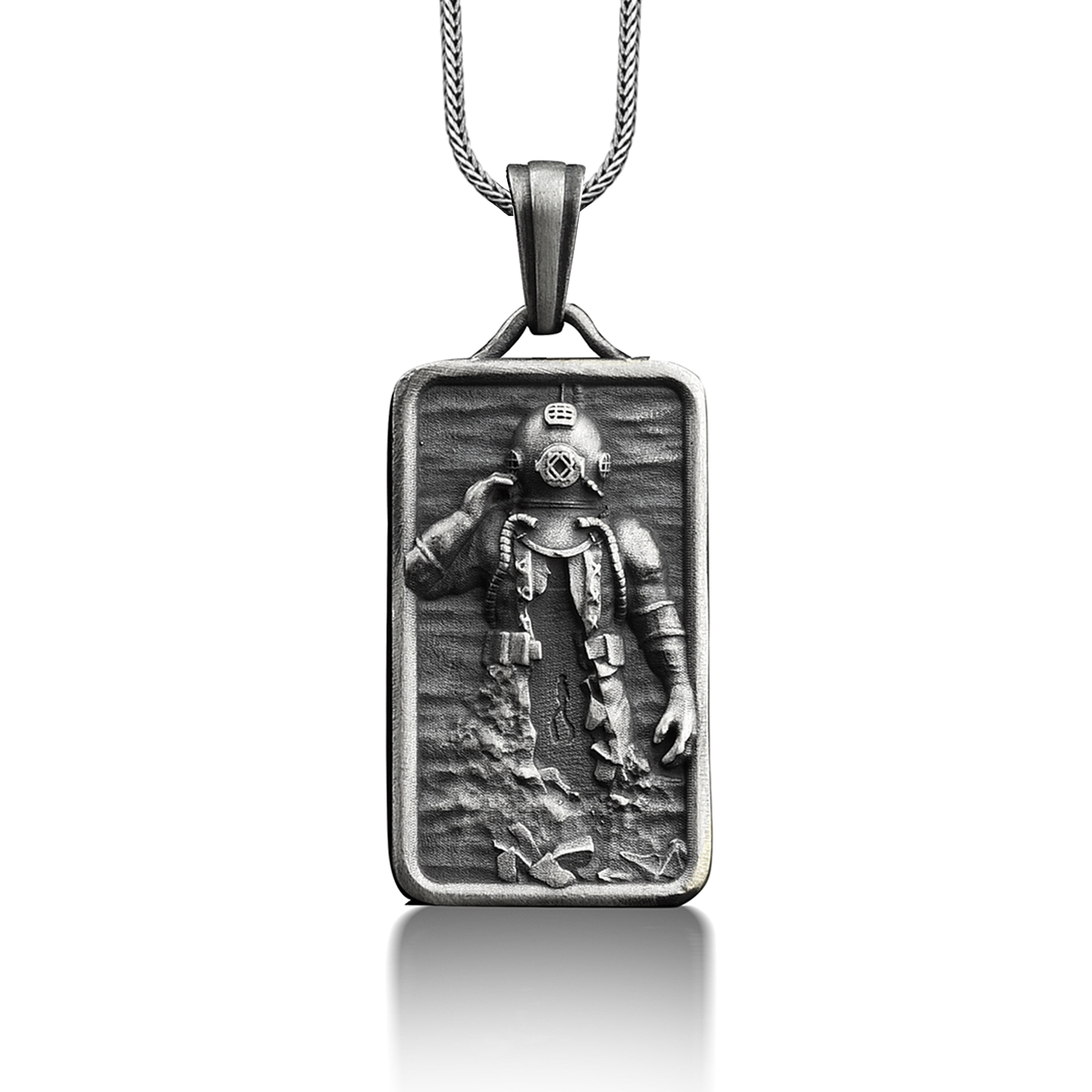 925 sterling silver scuba diver necklace for men, Rectangle pendant