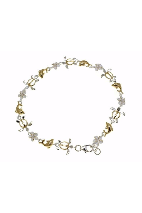 925 sterling silver yellow gold plated 2 tone Hawaiian plumeria turtle dolphin anklet 9.5"+