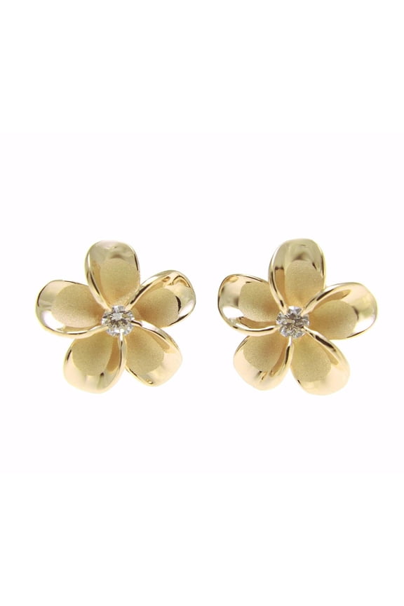 925 sterling silver yellow gold plated Hawaiian plumeria flower earrings post stud cz 12mm