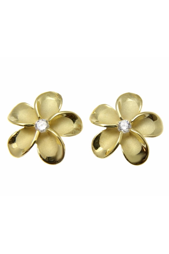 925 sterling silver yellow gold plated Hawaiian plumeria flower earrings post stud cz 18mm