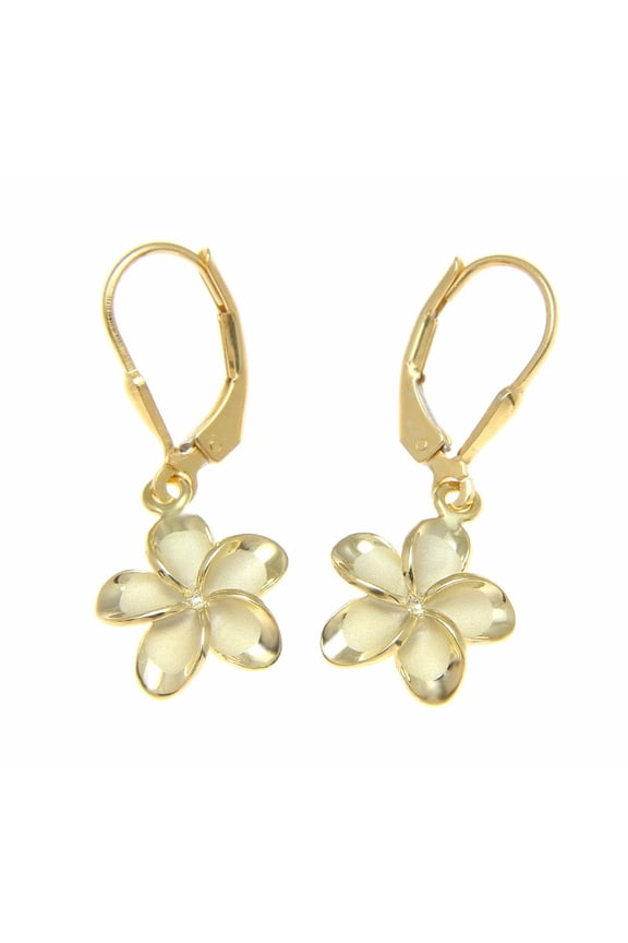 925 sterling silver yellow gold plated Hawaiian plumeria flower no cz stone leverback earrings 12mm